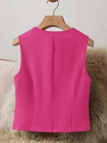 女士优雅无袖 V 领西装外套，时尚前扣背心外套，适合所有季节 - 玫紅色 - 查看 3