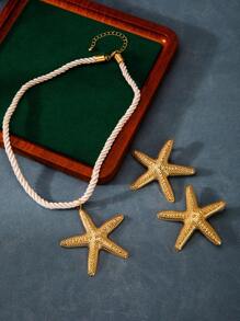 1 套 3 件简约时尚五角星吊坠项链、海洋风格夸张海星耳环、个性化女士首饰套装 - 金色 - 查看 4
