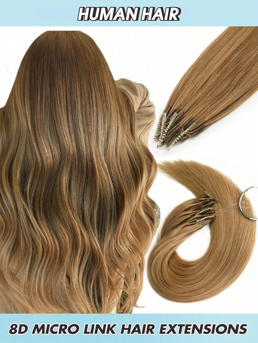 Extensiones de cabello micro 8D, extensiones de cabello real con micro perlas, rectas, marrón caramelo, anillos nano, perlas de silicona mini invisibles, extensiones micro, disfraz de Halloween