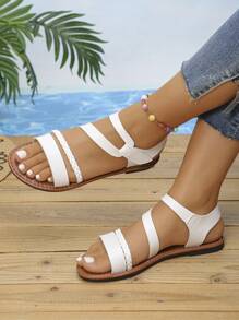 Women's Woven Embellished Flat Sandals, Casual Hook And Loop Sandals - White - View 3