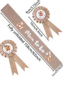 三件套：熊图案亚麻孕妇绶带、孕妇/准爸爸胸针、迎婴派对装饰、波西米亚风孕妇绶带、迎婴派对胸花胸针套装、孕妇礼物、派对装饰 - 卡其色 - 查看 3