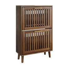 Shoe Cabinet With 2 Flip Louvered Drawers, Farmhouse Shoe Storage Cabinet With Golden Handle, Freestanding Slim Shoe Organizer Cabinet For Entryway, Hallway, Walnut - Walnut+23.6in - 查看 5