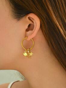1pc Vintage Charm Copper Starfish And Shell Design Faux Pearl Chain Earrings With Stainless Steel Ear Hoops, Suitable For Ladies To Wear For Banquet, Wedding, Party, Vacation, All Season Jewelry Accessory (No Box) - Yellow Gold - View 2