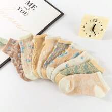 9 Pairs Of Spring And Summer Boat Socks, Low Top Low Vamp Women's Socks, Artistic Retro Cute Versatile Socks, Thin Floral Invisible Socks, Breathable And Sweat Absorbing - Multicolor - View 3