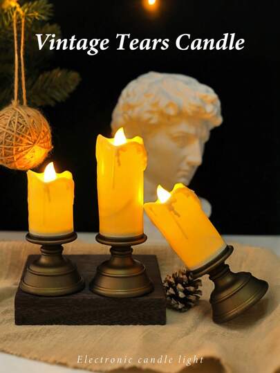 Vela electrónica con luz LED en forma de gota simulada, candelabro retro de luz nocturna pequeña, decoración de escritorio para ambiente