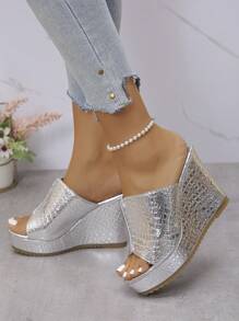 1 Pair Women Platform Slip-On Sandals, Chunky Wedge, Open Toe, Metallic Color, Lightweight Comfortable Fashionable Versatile