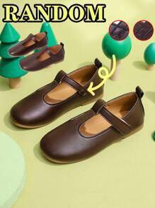 1 双棕色女童平底鞋，PU 材质，带钩环可调节设计，圆头，TPR 防滑鞋底，轻便舒适，纯色时尚芭蕾平底鞋，适合 5-14 岁小学生/中学生，适合校园和户外休闲穿着，四季皆宜 - 棕色 - 查看 8