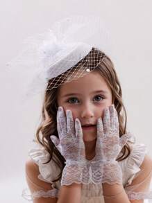 1 套儿童派对礼服，配有珍珠迷你帽和蕾丝手套组合，适合活动、派对和拍照 - 帽子和手套 - 查看 2