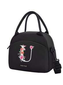 1个字母印花保温午餐包，保温午餐袋，手提包，午餐盒，冰袋，野餐食品袋，帆布轻便便携午餐收纳袋，学校办公室野餐午餐手提包，适合携带上学和上班，生日礼物，纪念礼物。这是一款新颖设计的大容量便携休闲午餐保温包，是女性理想的手提包/午餐盒/学习用品配件。