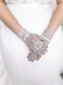 1 Pair Floral Print Lace Bowknot Full Finger Ladies' Gloves, For Party, Wedding, Daily Wear, Spring/Summer/Autumn - View 3