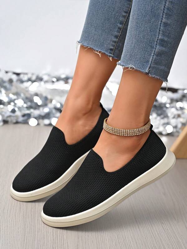 2025 Novos Mocassins Femininos de Bico Redondo, Moda Confortável, Cor Sólida, Respirável de Malha (Tamanho Pequeno)