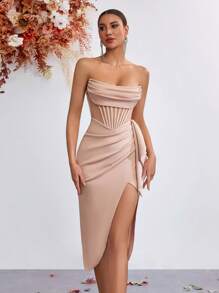 Elisanya 女式荷叶边饰网眼撞色露背前开衩晚会礼服优雅夏季毕业酒会礼服 - 肉色 - 查看 3