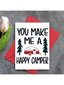 1pc Happy Camper Greeting Card With Envelope – Woodsy Camping Design Featuring Pine Trees & Red Camper, Perfect Gift For Family, Friends, Hikers, And Camping Enthusiasts, Ideal For Any Occasion