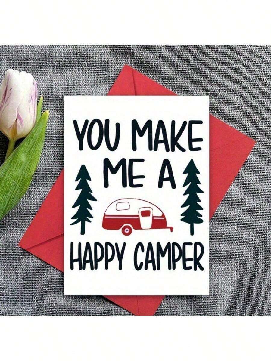 1pc Happy Camper Greeting Card With Envelope – Woodsy Camping Design Featuring Pine Trees & Red Camper, Perfect Gift For Family, Friends, Hikers, And Camping Enthusiasts, Ideal For Any Occasion
