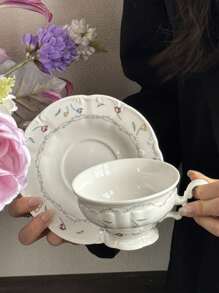 1 pièce Assiette à dessert en porcelaine florale vintage française, bord rose pâle, style antique de haute qualité, retour à l'école
