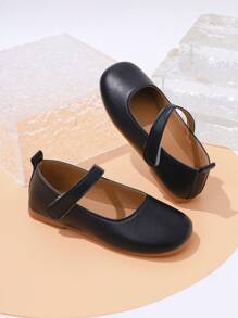 1 Pair Girls' Black Flat Shoes, Pu Hook And Loop Adjustable Size Design Round Toe TPR Non-Slip Lightweight Comfortable Solid Color Fashion Ballet Flats, Suitable For 5-14 Years Old Elementary & Middle School Students, All Season School, Formal Occasions, Performances - Black - View 8
