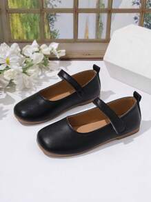 1 Pair Black Girls Flat Shoes, PU Hook And Loop Adjustable Round Toe TPR Non-Slip Comfortable Lightweight Solid Color Dance Shoes/Ballet Flats, Suitable For 5-14 Years Old Elementary & Middle School Students, Campus, Festival Activities And Indoor/Outdoor Casual Wear In All Seasons - Black - View 7