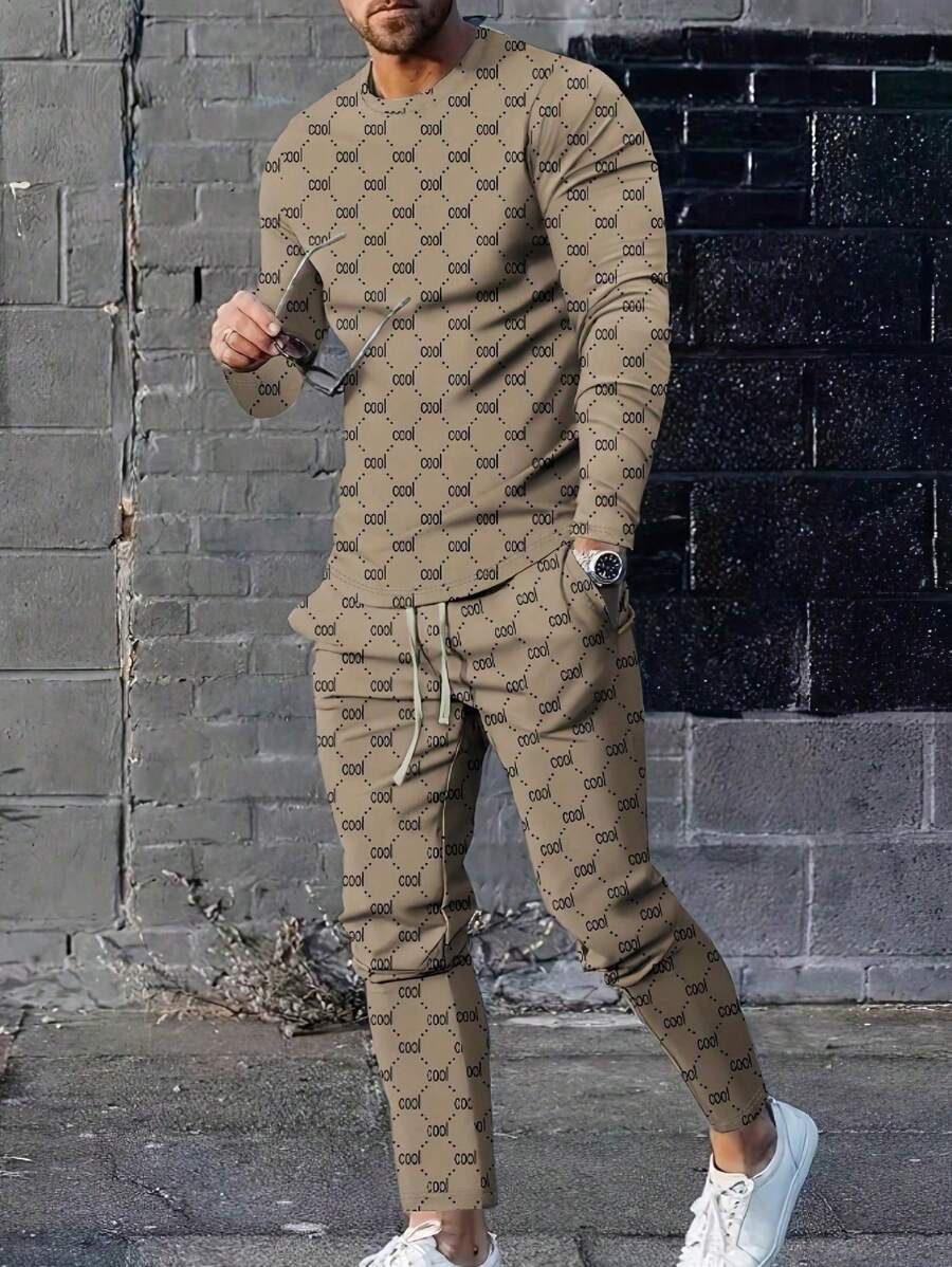 SoftTouch 男士渐变休闲运动套装 - 超舒适圆领长袖 T 恤和慢跑裤，配有宽敞口袋，可机洗，易于护理，透气面料，带来极致放松 - 卡其色 - 查看 1