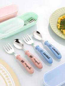2/3pcs Set Personalized Laser Engraved 304 Stainless Steel Cutlery Set, Customizable Name+Design, Spoon, Fork, Knife, Tea Spoon, Soup Spoon, Anti-Slip Handle, Feeding Utensils Set, Multi-Functional, Christmas Gift, Birthday Gift, Back To School - Multicolor a - View 5