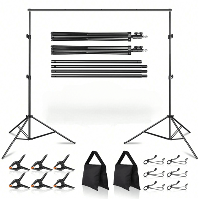 10ft X 7ft (WxH)/10ft X 8.5ft (WxH)/10ft X 10ft (WxH) Three Sizes Available Optional Sizes Backdrop Stand, Photo Studio Adjustable Background Stand Support Kit With 4 Crossbars, 6 Backdrop Clamps,6 Strap Clips,2 Sandbags And 1 Straight Tube Bag,For Parties Wedding Events Decoration
