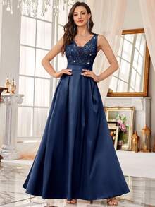 MIUSOL Vestido Longo de Festa Formal Cetim Linha A com Gola V Profunda, Lantejoulas, Renda Floral e Sem Manga - Azul Marinho - Visão 6