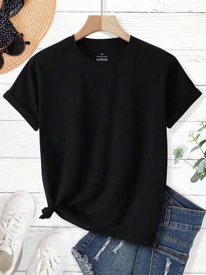 Women's Black Short Sleeve T-Shirt, Ladies Round Neck Comfy Casual Sports Tee, Black Blouse, Spring Summer Apparel, Holiday Gift