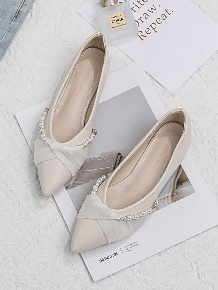 2025 Spring Fashion Pointed Toe Soft Bottom Low Heel Open Sides Women Mules, Comfortable Slip-On Flat Shoes With Pearl Decor, Versatile For Dresses, Indoor & Outdoor Wear All Season - Apricot - View 1