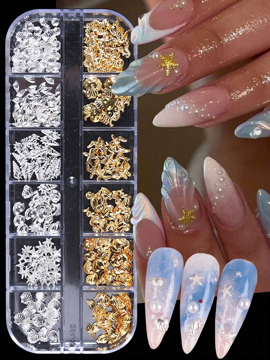 12格金属铆钉夏季海洋指甲饰金银海星贝壳海螺海马形状DIY钉美甲饰品指甲装饰配件美甲用品指甲宝石