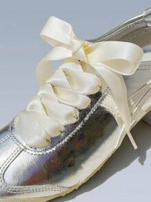 1 对米色缎面鞋带，小众韩式 120 厘米鞋子装饰配件，适用于运动鞋、休闲鞋、平底鞋、帆布鞋、婚鞋等 - 米色緞面120cm - 查看 5