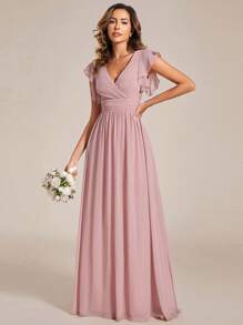 EVERPRETTY Spring Short Sleeve Ruched V-Neck Draped Asymmetric Chiffon Bridesmaid Dress, Pink