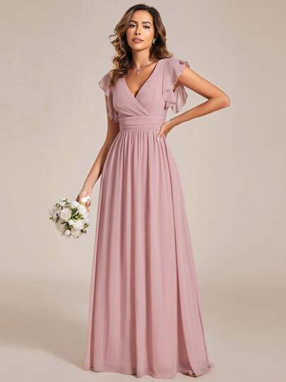 EVERPRETTY Spring Short Sleeve Ruched V-Neck Draped Asymmetric Chiffon Bridesmaid Dress, Pink