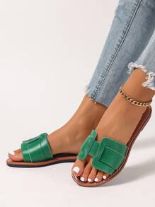 Korean Style Casual Flat Sandals For Women, Summer Open Toe Slip On Flats, Spring/Summer New Woven Roman Style Sandals, Fashion French Style Ladies Sandals Suitable For Dresses, Beach, Apartment, Brown Flat Single Strap - Green - View 1