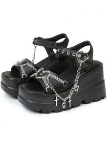 New Black Summer Slope Heel Shoes For Woman Thick Bottom Women's Punk Fashion Sandals For Women Casual Slippers Comfortable Shoes Women's Gothic Style Cross Chain Detail Platform Sandals Summer Shoes - 黑色 - 查看 10