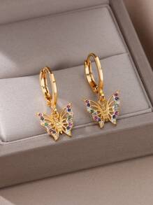Colorful Cubic Zirconia Butterfly Stainless Steel Earrings For Women, Dainty 18k Gold-Plated Anti Fading Earring, Vintage Wedding Jewelry Beach Vacation Waterproof Accessories , Gifts For Mom/Daughter/Best Friends