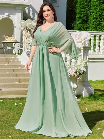 Chiffon-Kleid in Große Größen im minimalistischen, sexy V-Ausschnitt-Stil, geeignet für Partys, Hochzeiten, Brautjungfernkleider