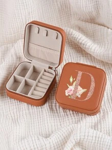1pc Caixa de joias rosa com flores rosas, caixa de joias de viagem da moda com letras de ouro rosa, caixa de joias de viagem de presente personalizada, presentes de aniversário para mulheres, presentes de Natal para meninas adolescentes, iniciais, caixa de joias de viagem A-Z