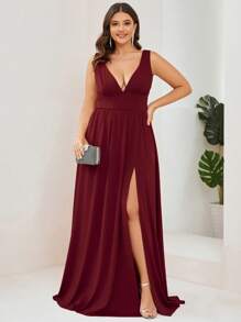 Plus Size Chiffon V Neck High Slit Sleeveless Empire Waist Formal Dress For Bridesmaid Wedding Party Spring - Burgundy - View 6
