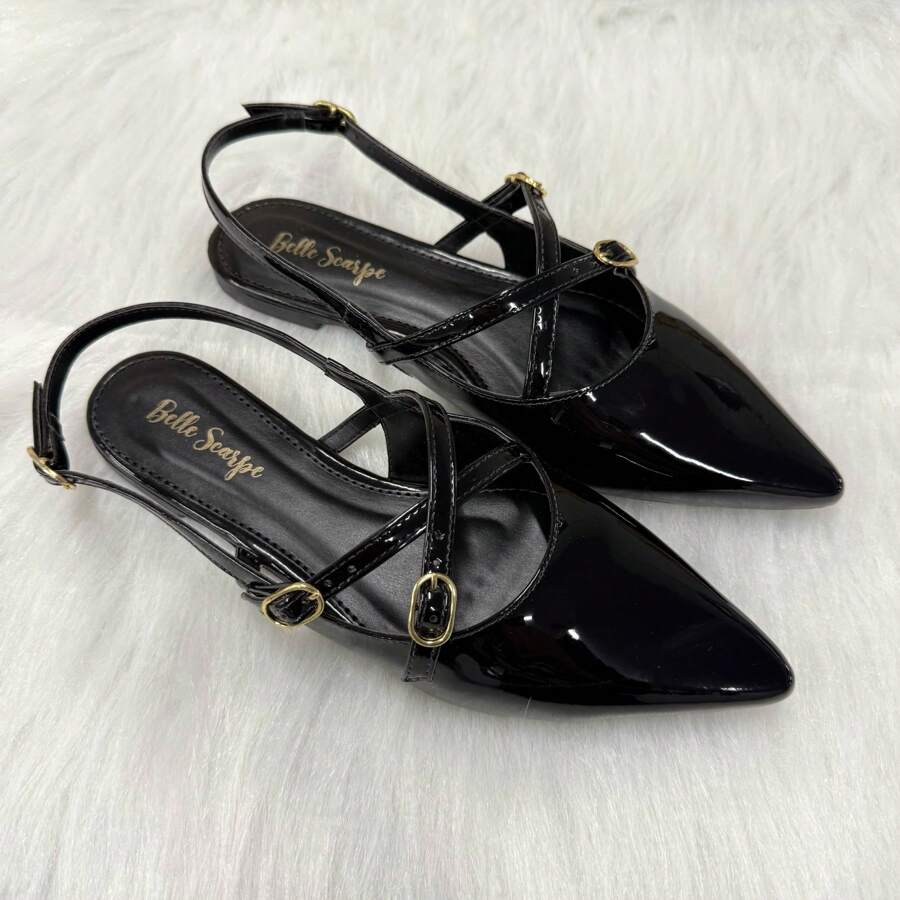 Women's SlingBack Patent Leather Comfortable Casual Flat Sandals With Buckle - 黑色 - 查看 1