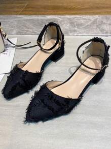 Pointed Toe Solid Color High Heel Girl's Sandals With Thick Heels, Buckle Strap, Mid Heel, Versatile Mary Jane Shoes For Spring/Summer - Black - View 8