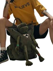 Women Men Backpacks, Graffiti Inlaid Plush Frog Monster Zip Large Capacity School Backpack, Travel Adjustable Outdoor Rucksacks - A - View 4