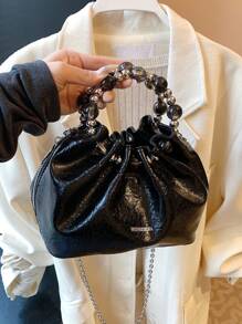 迷你褶皱云朵图案手提包，优雅气质，圆形珍珠设计时尚单肩包和斜挎包，适合通勤和工作 - 彩色 - 查看 13