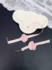 2pcs Girls Toddlers Rose Flower Bowknot + Wristband Bracelet 2-Piece Set, Baby Girl Bow Flower Outfit, Wedding Dress Decoration, Kids Party Accessory, Bridal Decor