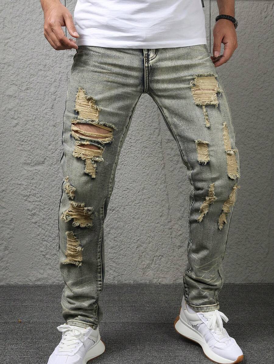 1pc Men's Front Button Pocket Distressed Washed Embroidered Casual Denim Jeans