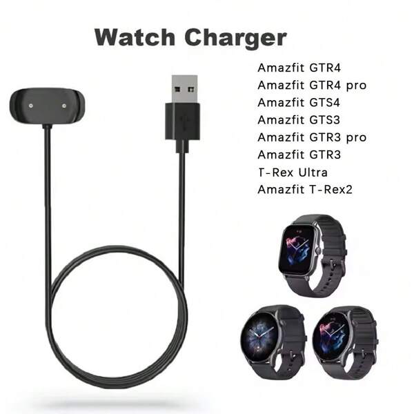 1pc Black USB Magnetic Charging Cable Adapter Dock Charger For Amazfit GTS3, GTS 3, GTR 3 Pro, GTR3 Smartwatches, Compatible With Amazfit GTR2e, Bip 3, 1S, GTS4, T-Rex 2 Watches
