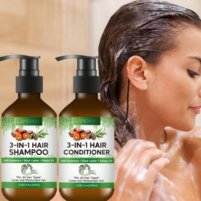 LANEMAY 3 合 1 洗发水和护发素套装，含迷迭香、蓖麻油和巴塔纳油 - 滋润和强化头发，改善发质，防止头发分叉 - 适合所有发质