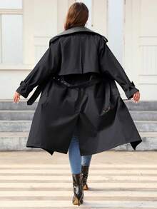 Giolshon Women's Fashionable Mid-Length Trench Coat With PU Collar And Adjustable Belt - Suitable For Spring And Fall Season - Black - View 2