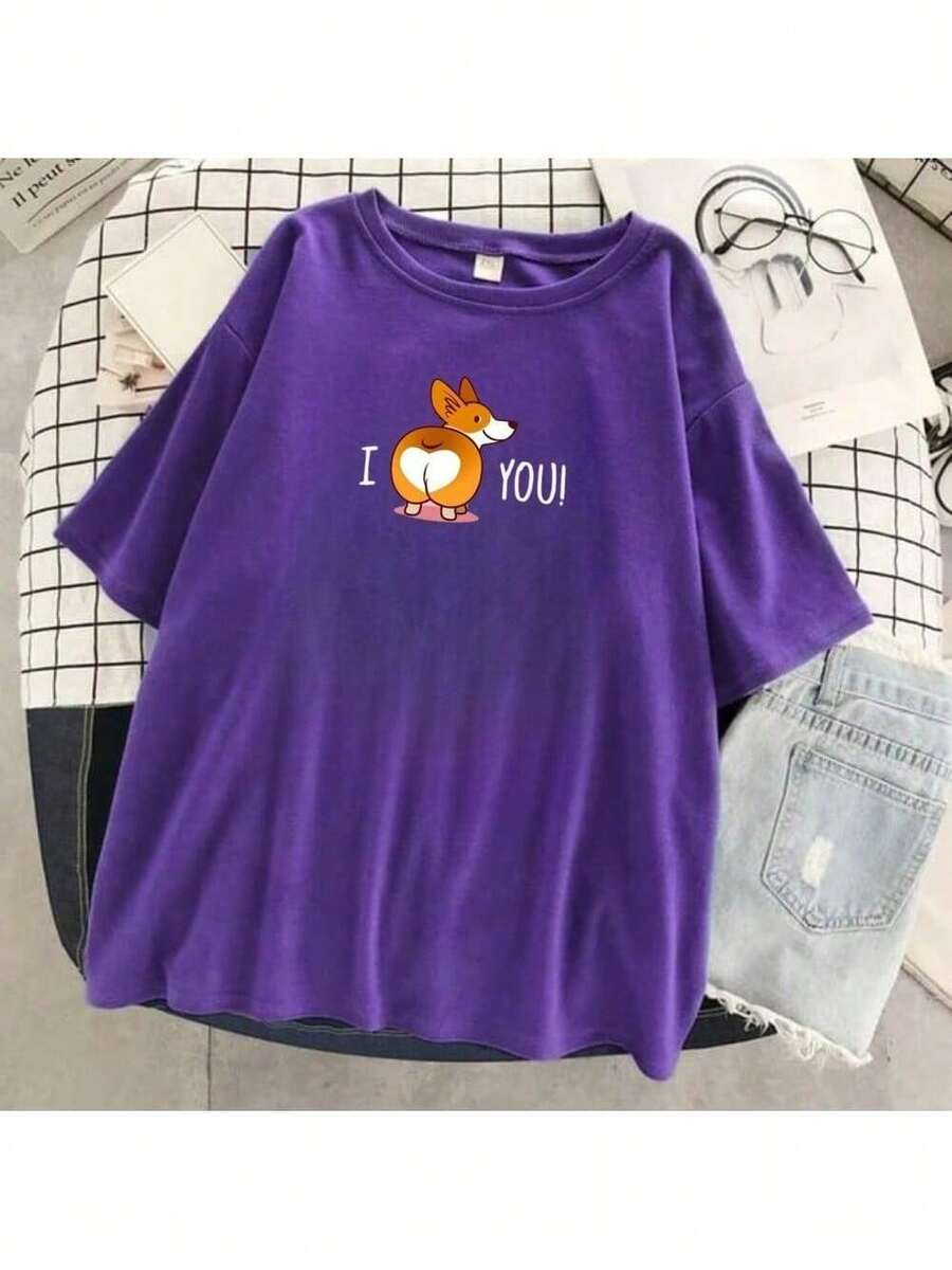 I Love You T-Shirt Cute Dog Shirt Blouse Unisex Men Women 100% Cotton Top Premium Streetwear New Release Various Colors!! Plus Size - 紫色 - 查看 1