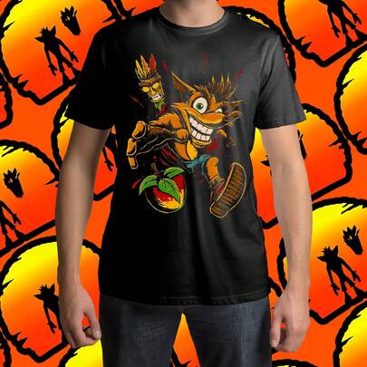 Playera negra de algodón peinado casual para mujer y hombre con estampado de Crash Bandicot
