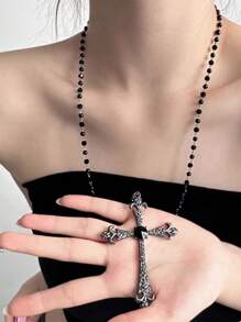 1pc Ascension Day Cross Crystal Beaded Necklace, Black Metal Material With Zirconia Inlaid, Goth Style Suitable For Women Daily Wear - Black - View 2