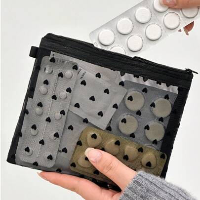 1pc/Set Mini Heart Mesh Design Pouch, Portable Nylon Transparent Cosmetic Bag Handbag, Minimalist Zipper Makeup Bag, Multi-Functional Travel Inner Bag, Coin Purse, Jewelry Storage Bag, Fashionable New Semester, Spring/Summer, Anniversary, Holiday, Travel, Back To School Gift, Cosmetic Bag, 2025 New Arrival,Pouch,Makeup Pouch,Travel Essential